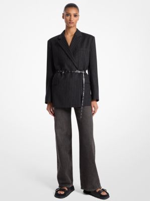 Striped Wool Blend Belted Double-Breasted Blazer image number 0