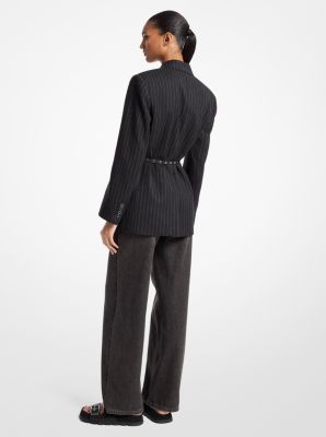 Striped Wool Blend Belted Double-Breasted Blazer image number 1