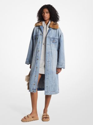 Long denim coat with fur best sale