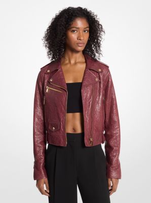 MK Crinkled Leather Cropped Moto Jacket - Red - Michael Kors MICHAEL Michael Kors