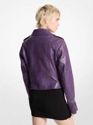 Michael Kors Crinkled Leather Cropped Moto Jacket Dark Iris XS