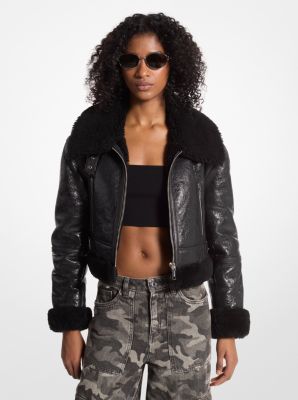 Crackled Leather and Shearling Cropped Jacket image number 0