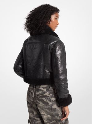 Crackled Leather and Shearling Cropped Jacket image number 1