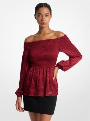 Smocked Moiré Jacquard Off-The-Shoulder Top