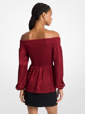 Smocked Moiré Jacquard Off-The-Shoulder Top