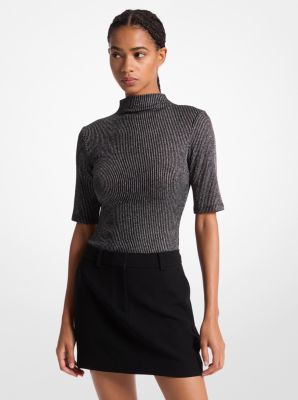 Ribbed Metallic Funnel Neck Top