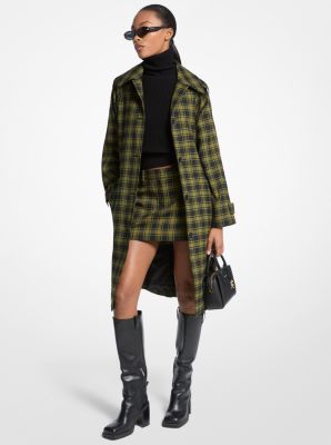 MK Karierter Balmacaan-Mantel Aus Stretch-Wolle Mit Gürtel - Grün