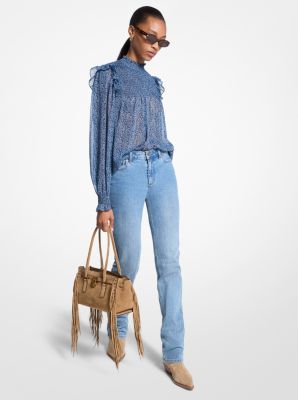 Michael Kors Metallic Paisley Print Smocked Georgette Blouse In Blue