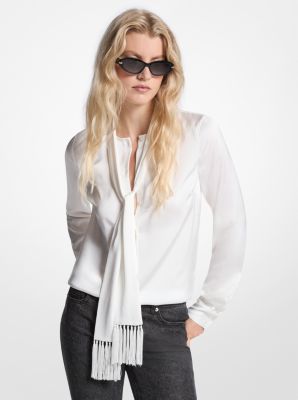 Satin Fringed Tie-Neck Blouse image number 0