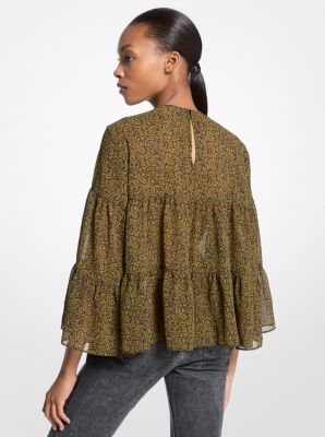 Blouse en crêpe georgette à imprimé cachemire et à volants
