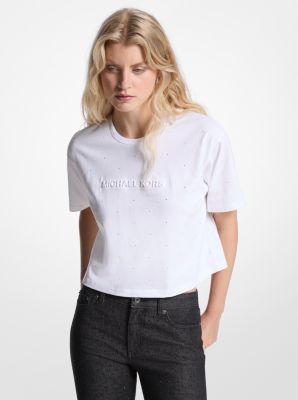 MK T-Shirt Aus Baumwoll-Jersey Mit Nieten Und Logo - Weiss