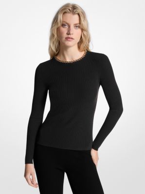 MK Gerippter Pullover Aus Viskosemischung Mit Kettendetail - Schwarz