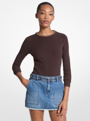 MK Gerippter Pullover Aus Viskosemischung Mit Kettendetail - Braun