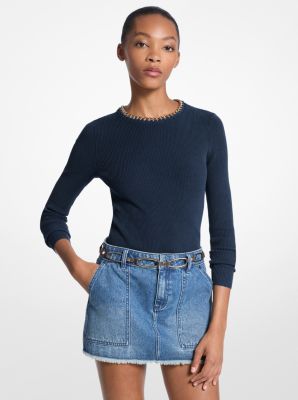 MK Gerippter Pullover Aus Viskosemischung Mit Kettendetail - Blau