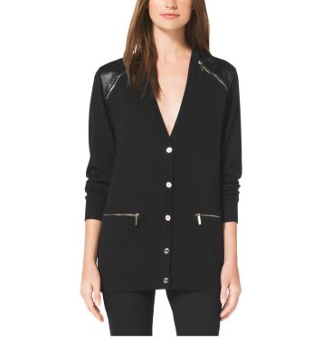 Leather-Panel Wool Cardigan