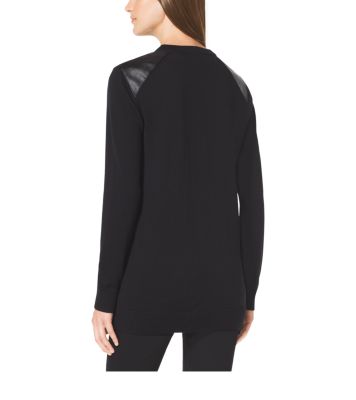 Leather-Panel Wool Cardigan