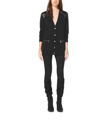 Leather-Panel Wool Cardigan