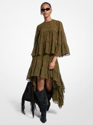Jupe asymétrique en crêpe georgette à imprimé cachemire et à volants
