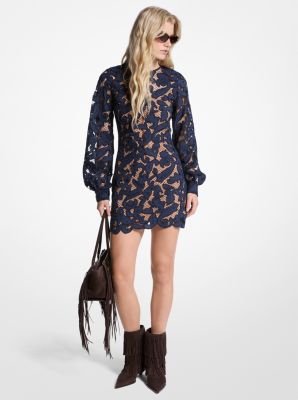 MK Kleid Aus Spitze Mit Paisleymuster Und Blousonärmeln - Blau