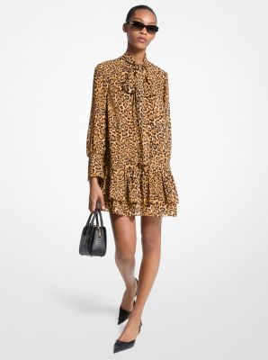 Michael Kors Leopard Print Georgette Tie-neck Dress In Animal Print