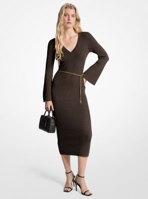 MK Midikleid Aus Wollmischung Mit Gürtel - Braun