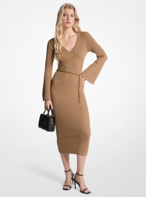 Michael Kors Wool Blend Belted Midi Dress In Brown
