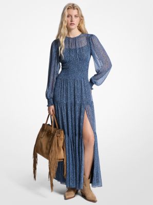 Robe longue smockée en georgette à motif cachemire métallisé