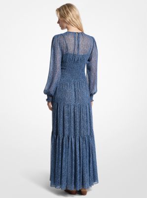 Robe longue smockée en georgette à motif cachemire métallisé in BLEU FRANÇAIS | Michael Kors