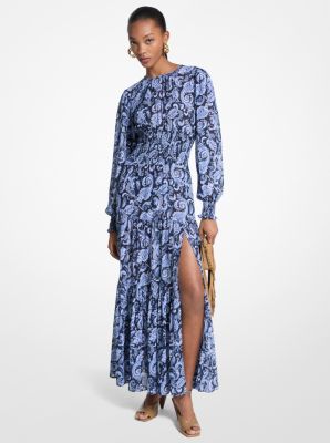 MK Gesmoktes Maxikleid Aus Georgette Mit Paisleymuster - Blau