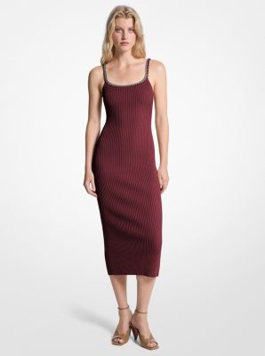 Midikleid aus geripptem Stretch-Strick mit Kettendetail