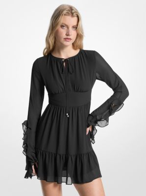 MK Langärmeliges Kleid Aus Georgette Mit Rüschen - Schwarz