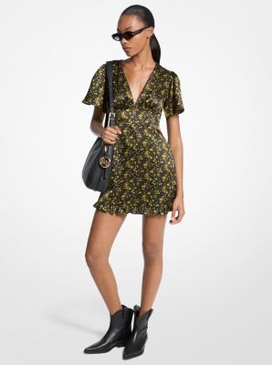 MK Kleid Aus Gehämmertem Satin Mit Blumenmuster - Grün