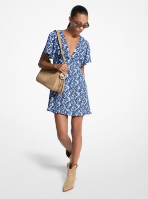 MK Kleid Aus Viskose-Seiden-Gemisch Mit Blumenmuster - Blau