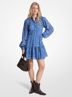 MK Gestuftes Minikleid Aus Baumwollmischung Mit Blumenspitze - Blau