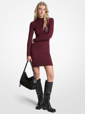 Robe à col montant en mélange de laine côtelée extensible