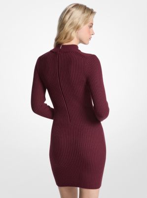 Robe à col montant en mélange de laine côtelée extensible