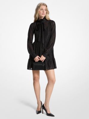 Metallic Clip Jacquard Tie-Neck Dress image number 0