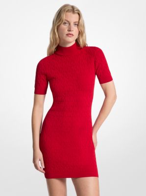 Logo Jacquard Knit Mock Neck Dress in CRIMSON | Michael Kors
