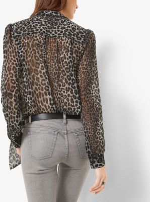 Blouse &agrave; col nou&eacute; en mousseline &agrave; imprim&eacute; panth&egrave;re