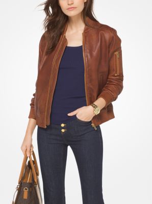 Michael kors brown leather best sale jacket womens