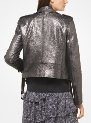 Metallic Distressed Leather Moto Jacket 