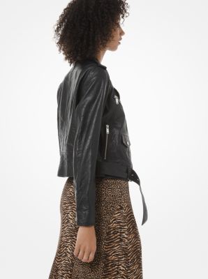 Crinkled Leather Moto Jacket Michael Kors