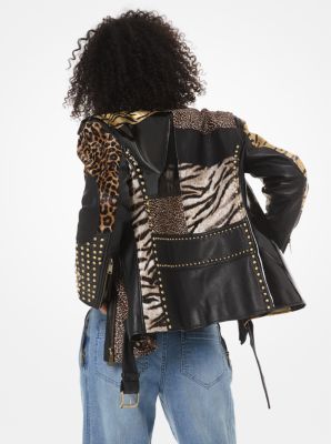Animal-Print Patchwork Leather Moto Jacket