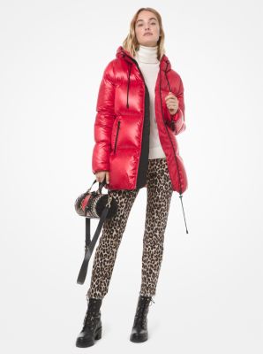 Michael Kors Ciré Shine Hooded Puffer Coat Jacket Crimson Red/Dark Brandy  $295