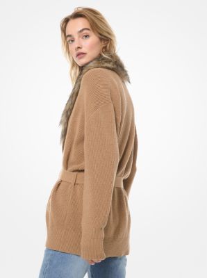 Faux Fur-Collar Cotton-Blend Cardigan