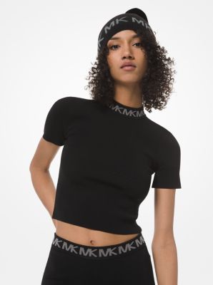 Logo-Trim Stretch-Viscose Cropped Mock Neck Sweater