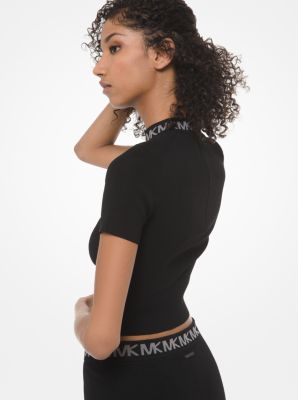 Logo-Trim Stretch-Viscose Cropped Mock Neck Sweater