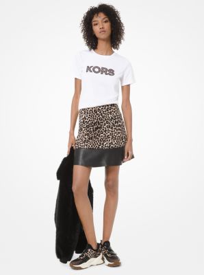 Leopard-Print Ponte and Leather Flounce Skirt | Michael Kors