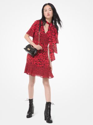 Mixed Floral Leaf Jacquard Tie-Neck Dress