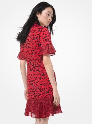 Robe en jacquard &agrave; col nou&eacute; et &agrave; motif de fleurs et de feuilles